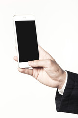 business man hand hold a mobile phone on the white background.