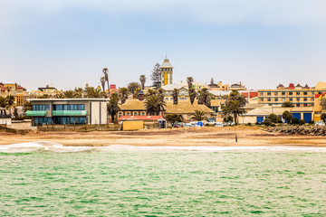View from the sea on coastline of Swakopmund German colonial town, Namibia