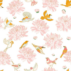 Floral background with birds and chrysanthemums vintage pattern. Japanese national flower chrysanthemum. Illustration luxury design, textiles, paper, wallpaper, curtains, blinds.