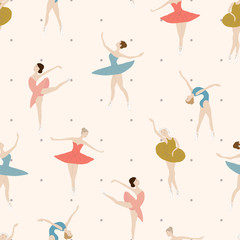 Seamless pattern of ballet dancers in different poses. on a light background