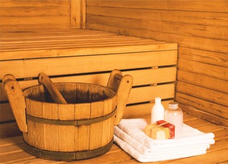 Fototapeta na wymiar Interior of sauna and sauna accessories