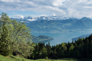Fototapeta na wymiar Swiss alp mountain range as seen from mt rigi looking over lake lucerne