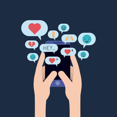 Fototapeta premium hands chating with smartphone and set speech bubbles and emoticons