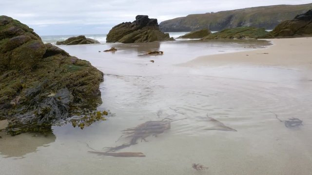 Handheld wide shot looking across the bay at sango sands, sandy pool with seawedd in the foreground. Stunning landscape, in Durness, Scotland.