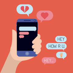 hand with smartphone and set speech bubbles and emoticons