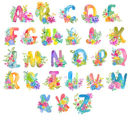 ABC, alfabet litery akwarela z kompozycjami kwiatowymi - 216230542