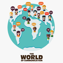 Fototapeta premium Set of social people on World map with speech bubbles in different languages. Male and female faces avatars. Communication, chat, assistance, interpretation and people connection vector concept