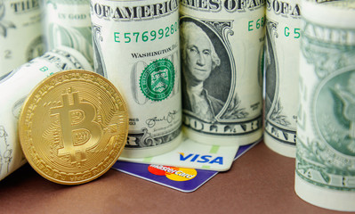 Business concept.Golden Bitcoin Coin digital currency use instead of trading / exchanging. Money in the future..