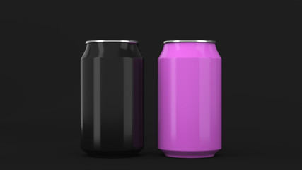 Two small black and purple aluminum soda cans mockup on black background