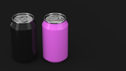 Two small black and purple aluminum soda cans mockup on black background