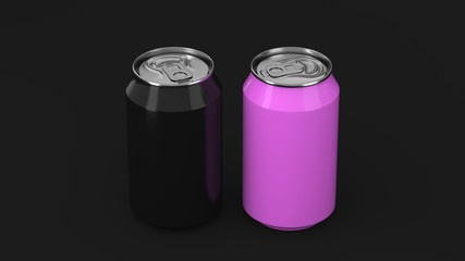 Two small black and purple aluminum soda cans mockup on black background