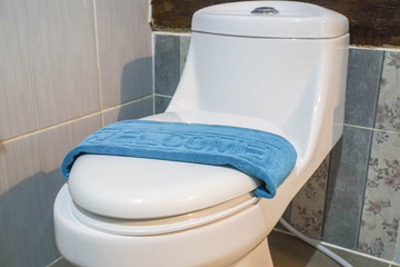 welcome blue bath mat on toilet bowl in hotel resort