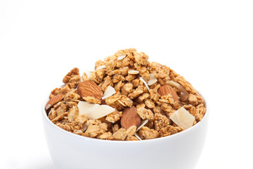 Close up Granola on white bowl isolated on white background.