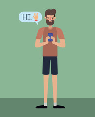 man chating with smartphone and set speech bubbles and emoticons