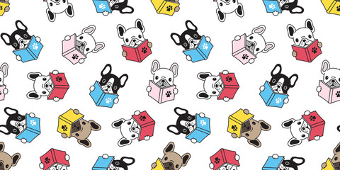 Dog seamless pattern vector french bulldog pug isolated reading book cartoon wallpaper