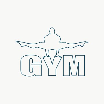 Muscular man outline silhouete on gym word. Bodybuilding relative image