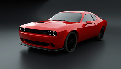 Obraz na płótnie Canvas Side angle view of a generic red brandless American muscle car on a grey background . Transportation concept . 3d illustration and 3d render.