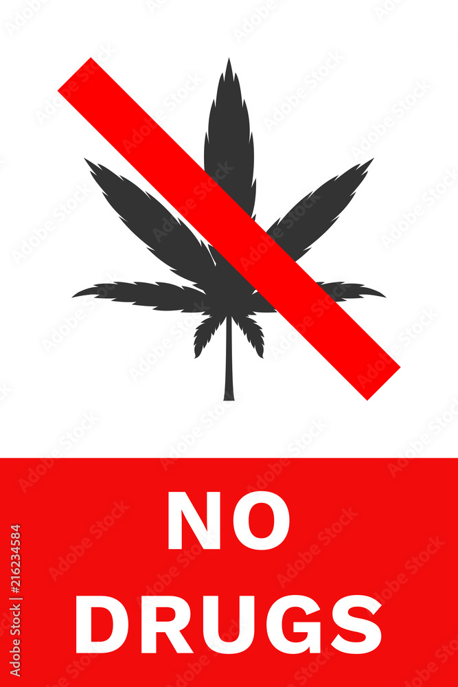 Poster NO DRUGS sign. Crossed out cannabis leaf. Vector.