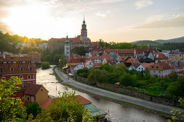 Sunset view of Cesky Krumlov old town in Czech Republic