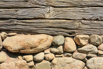 Wooden wall on stone foundation in a traditional house