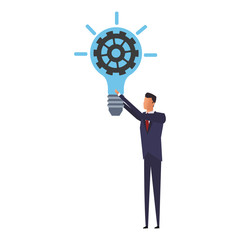 Businessman holding bulb with gear inside vector illustration graphic design