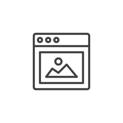 Website Picture outline icon. linear style sign for mobile concept and web design. Browser window with Picture simple line vector icon. Symbol, logo illustration. Pixel perfect vector graphics