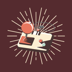 retro arcade joystick with decorative sunburst over red background, colorful design. vector illustration