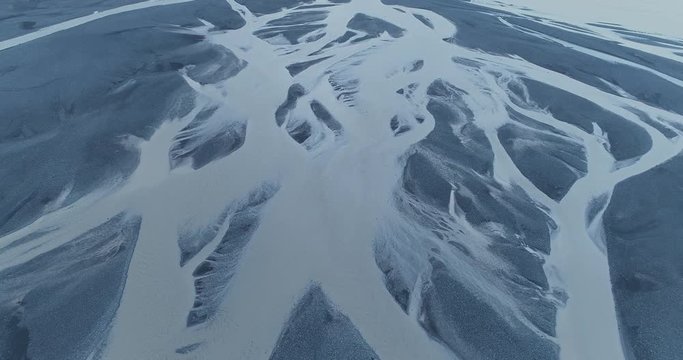 Birds eye view aerial of delta rivers in Iceland