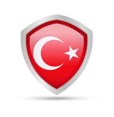 Metal shield with Turkey flag on white background. Vector illustration.