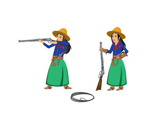 one cowgirl shoots a second cowgirl stands with a gun on the ground lasso lies