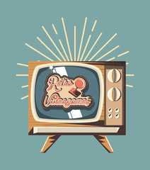 Retro-Videospiel-Design mit Retro-TV-Symbol und dekorativem Sunburst auf blauem Hintergrund, farbenfrohes Design. Vektor-Illustration © djvstock