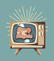 Retro-Videospiel-Design mit Retro-TV-Symbol und dekorativem Sunburst auf blauem Hintergrund, farbenfrohes Design. Vektor-Illustration © djvstock