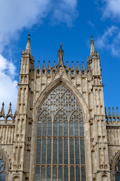 Elaborate tracery on exterior building of York Minster, the historic cathedral built in English gothic architectural style located in City of York, England, UK