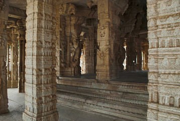Fototapeta premium Mythical creatures called Yalis, carved on pillars. Kalyana Mandapa, Vitthala Temple complex, Hampi, Karnataka.