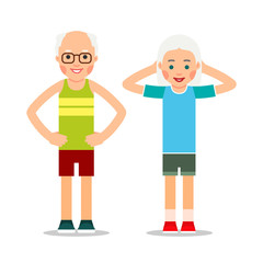 Old people doing exercises. Elderly couple and gymnastics. Senior people making morning exercises. Grandparents and Sport. Cartoon illustration isolated on white background in flat style