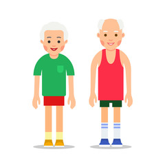 Old people in sportswear. Main pose during health gymnastics and sport exercises. Senior people doing physical activity. Grandparents doing exercises. Cartoon illustration isolated on white background