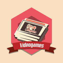 vintage videogames emblem with retro videogame cassette icon over orange background, colorful design. vector illustration