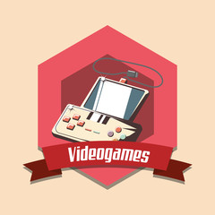 vintage videogames emblem with portable videogame icon over orange background, colorful design. vector illustration