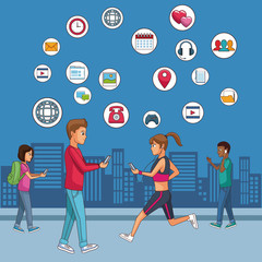 Young people using smartphone and social network symbols cartoons vector illustration graphic design