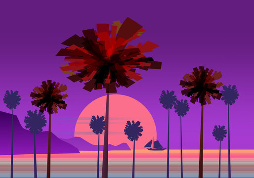 Tropical sunrise at seashore, sea landscape with palms, sailing boat minimalistic illustration. Seascape sunrise or sunset. Ocean scene with rising sun, palms, sailboat, mountains and sky. Rocky coast