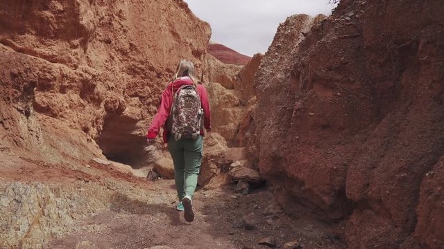 girl travels along an unusual terrain. red earth and mountains, like on Mars. back view