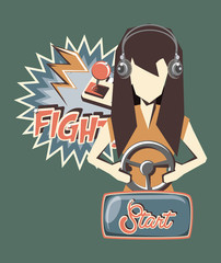 retro videogames design with avatar woman playing videogames over background, colorful design. vector illustration