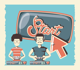 retro videogame design with start button and men playing videogames over blue background, colorful design. vector illustration