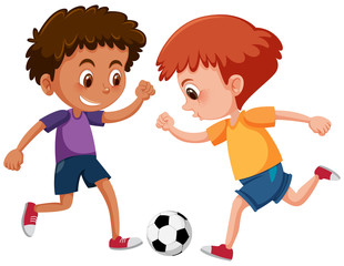 Boys playing football on white background