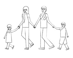 parents and son daughter holding hands vector illustration hand drawing