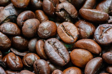 Macro of roasted coffee beans.