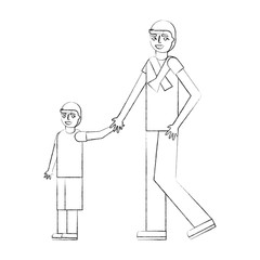 father holding hand her son walking together vector illustration hand drawing