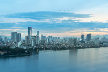 Obraz na płótnie Canvas Aerial view of Hanoi skyline at West Lake or Ho Tay. Hanoi cityscape at twilight