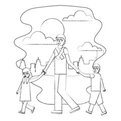 father walking with her son and daughter in the street city vector illustration hand drawing