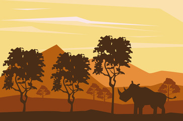 Fototapeta na wymiar Rhino african animals silhouetttes at savanna vector illustration graphic design